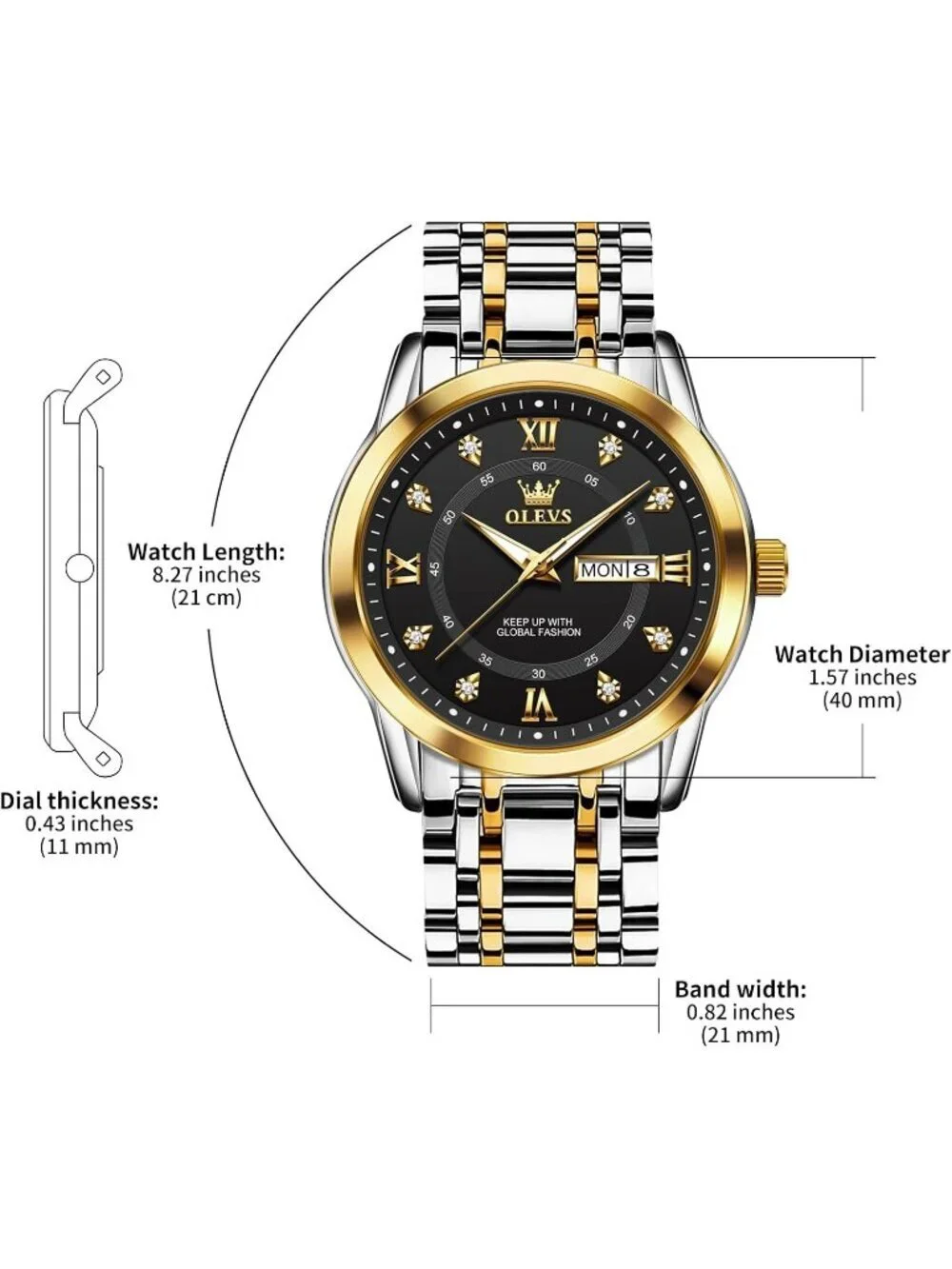 Mens Silver Black Stainless Steel Waterproof Roman Numbers Diamond Classic Watch